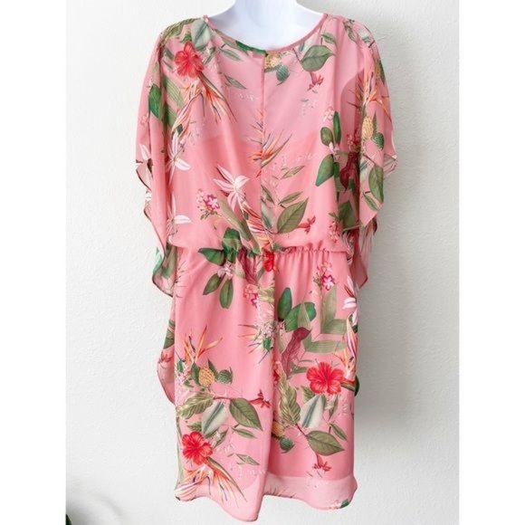 Express pink floral sheer chiffon cinched waist dress M - Picture 9 of 15